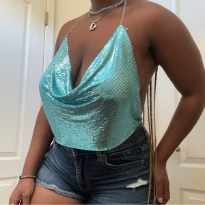 Blue Chain Backless Party Shirt